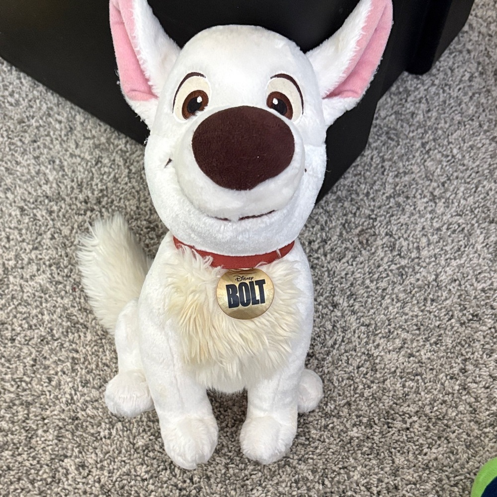 Disney White Bolt Plush with Brown Nose, Pink Ears and Red Collar